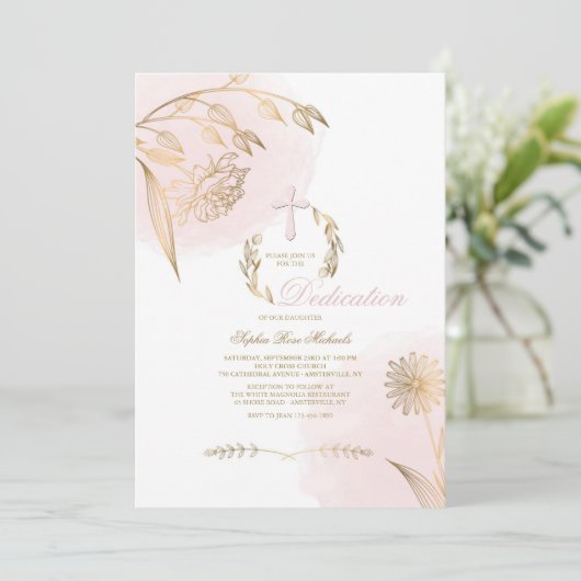 Poederroze religieuze uitnodiging (Staand voorkant)