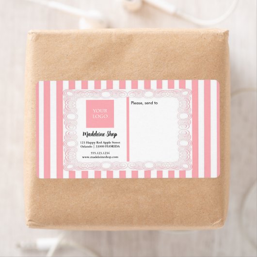 Poederroze strepen & krullend Lijst & Logo Etiket (Insitu)