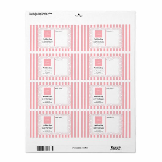 Poederroze strepen & krullend Lijst & Logo Etiket (Full Sheet)