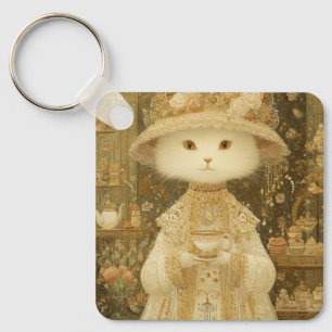 Poes Damesneeuw – Victoriaanse Kat met Theekopje Sleutelhanger