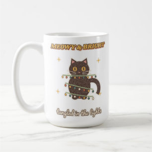 Poesje & Fel Zwart Kat in Kerstverlichting Koffiemok
