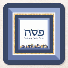 Poessover Seder Jeruzalem Blauw Goud Hebreeuws  Kartonnen Onderzetters