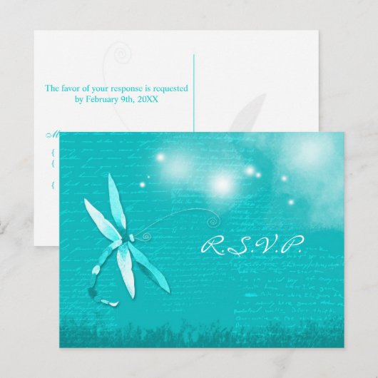 Poetic Dragonfly Turquoise Wedding RSVP Uitnodiging Briefkaart (Voorkant / Achterkant)