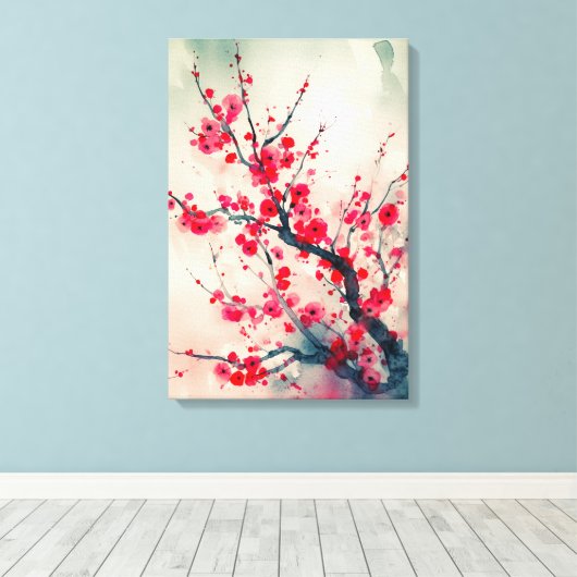 Poëtische rode pruimenbloesem tak Waterverf Canvas Afdruk (Insitu (Houten vloer))