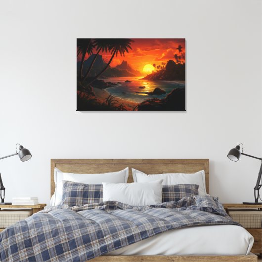 Poëtische Zonsondergang op Tropisch Strand Illustr Canvas Afdruk (Insitu (Slaapkamer))