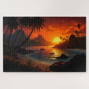 Poëtische Zonsondergang op Tropisch Strand Illustr Legpuzzel