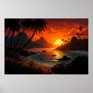Poëtische Zonsondergang op Tropisch Strand Illustr Poster