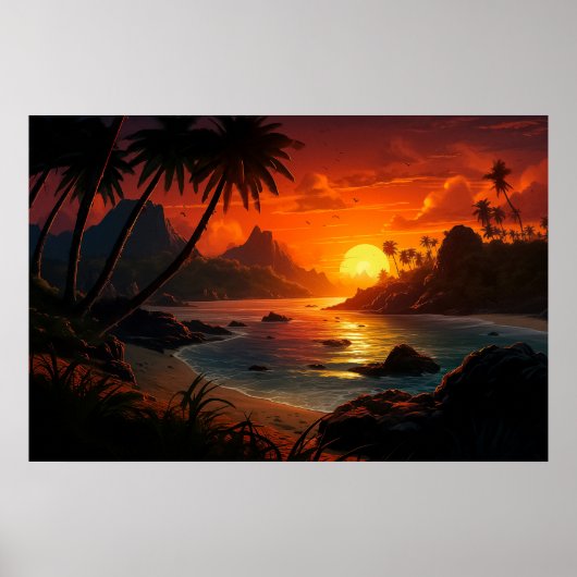 Poëtische Zonsondergang op Tropisch Strand Illustr Poster (Voorkant)
