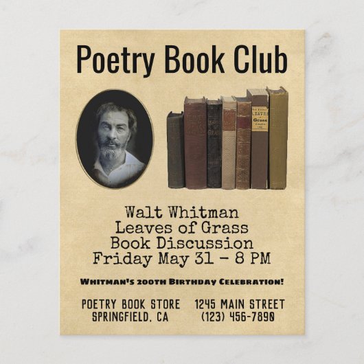 Poetry Book Club Flyer Walt Whitman Birthday (Voorkant)