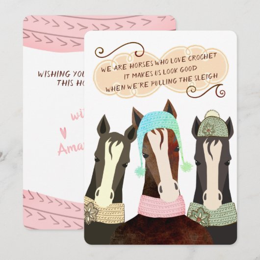 Poëziepaarden Kerst handgemaakte gehaakte petten s Feestdagenkaart (Voorkant / Achterkant)