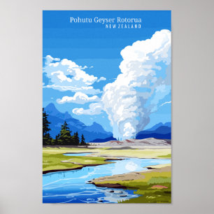 Pohutu Geyser NZ vintage reisillustratie Poster