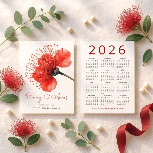 Pōhutuka Flower 2026 Kalender Vrolijk Kerstfeest Feestdagenkaart