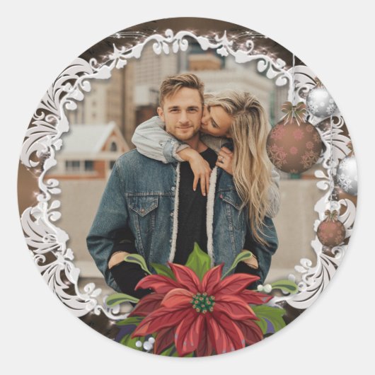 Poinsettia Bauble |  kerstfeestfoto Ronde Sticker (Voorkant)