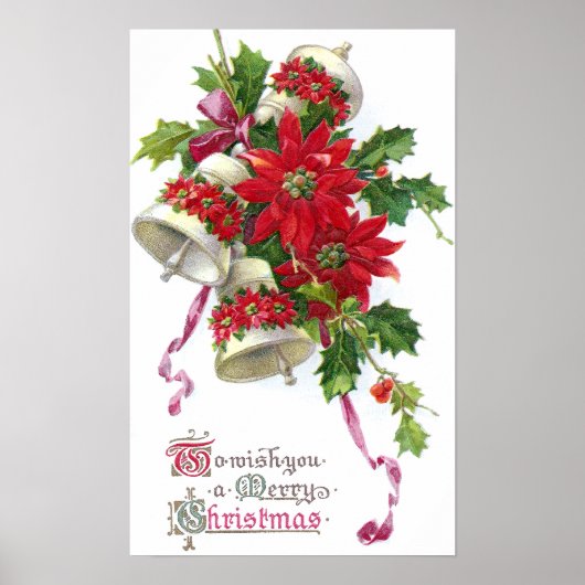 Poinsettia Bells en Holly Vintage Kerstmis Poster (Voorkant)