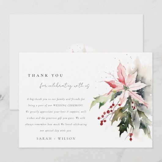 Poinsettia Berries Foliage Waterverf bruiloft Bedankkaart (Voorkant / Achterkant)