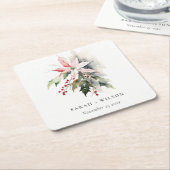 Poinsettia Berries Foliage Waterverf bruiloft Kartonnen Onderzetters (Schuin)