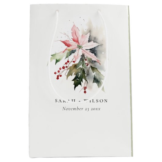 Poinsettia Berries Foliage Waterverf bruiloft Medium Cadeauzakje (Voorkant)