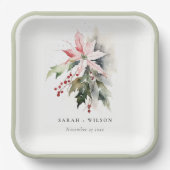 Poinsettia Berries Foliage Waterverf bruiloft Papieren Bordje (Voorkant)