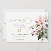 Poinsettia Berries Foliage Waterverf bruiloft Save The Date (Voorkant)