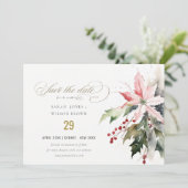 Poinsettia Berries Foliage Waterverf bruiloft Save The Date (Staand voorkant)