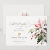 Poinsettia Berries Foliage Waterverf bruiloft Save The Date (Voorkant / Achterkant)