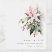 Poinsettia Berries Foliage Waterverf bruiloft Wijn Etiket (Enkel label)