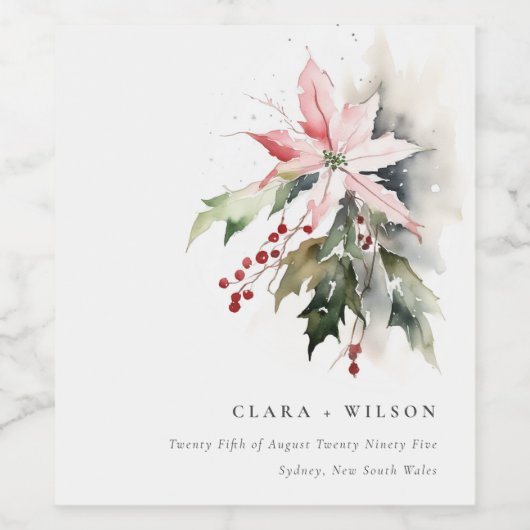 Poinsettia Berries Foliage Waterverf bruiloft Wijn Etiket (Enkel label)