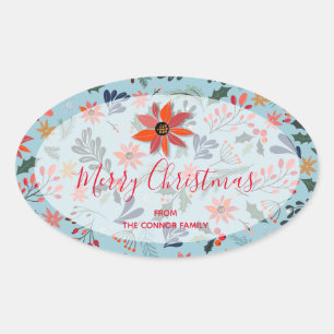 Poinsettia Berries Leaves Holiday Kerstmis Ovale Sticker