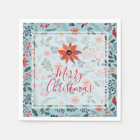 Poinsettia Berries Leaves Holiday Kerstmis Servet (Voorkant)