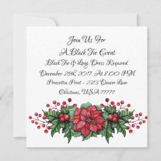 Poinsettia Berry Black Stropdas Event Invitation Kaart (Voorkant)