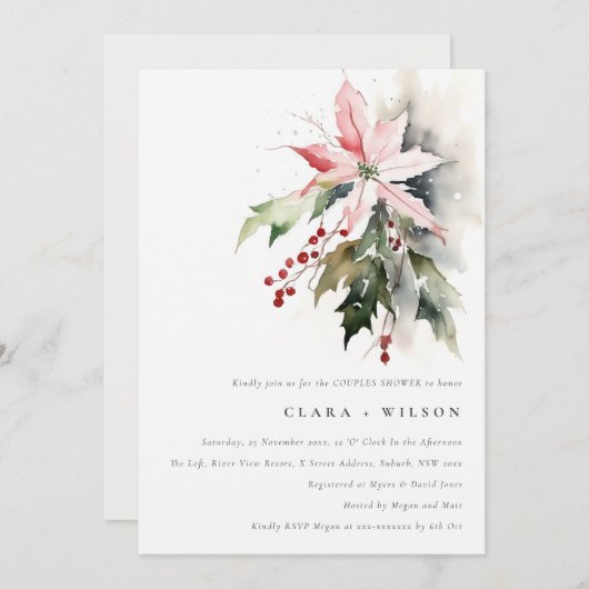 Poinsettia Berry Foliage Waterverf Koppels Douche Kaart (Voorkant / Achterkant)