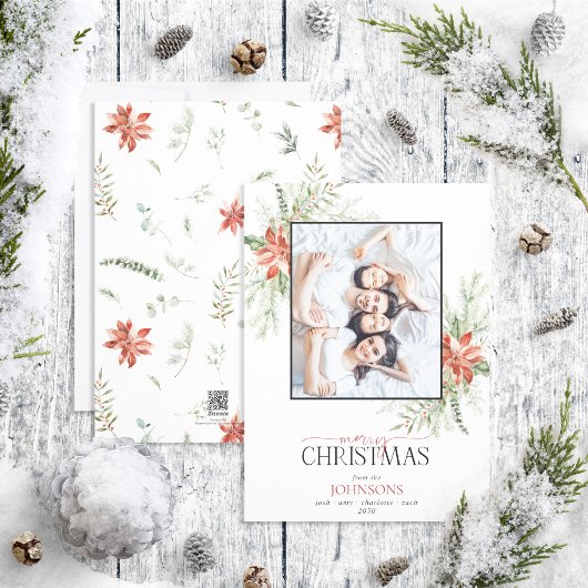 Poinsettia Berry Greenery Merry kerstfoto Ho Feestdagenkaart