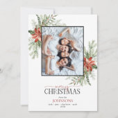 Poinsettia Berry Greenery Merry kerstfoto Ho Feestdagenkaart (Voorkant)