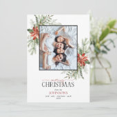 Poinsettia Berry Greenery Merry kerstfoto Ho Feestdagenkaart (Staand voorkant)