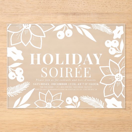 Poinsettia & Berry White Holiday Soirée Party Acryl Uitnodigingen (Voorkant)