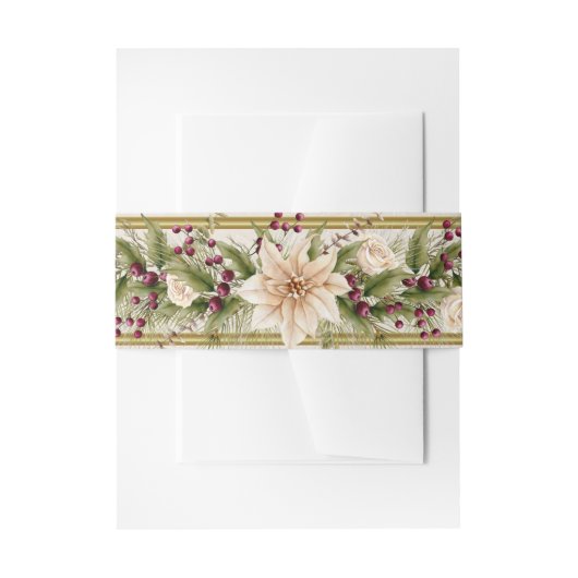 Poinsettia & bessen met goud uitnodigingen wikkel (Voorkant Voorbeeld)