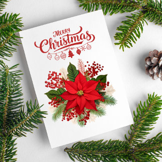 Poinsettia Bessen Ornamenten Prettig Kerstfeest Feestdagen Kaart
