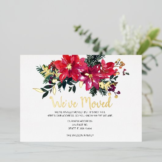Poinsettia-bessen We zijn verhuisd Kerstkaarten Folie Feestdagenkaart (Staand Voorkant)