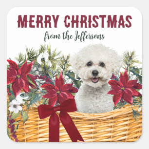 Poinsettia Bichon Frise Hondenkerstmand Vierkante Sticker