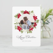 Poinsettia Bloem en Pine Ronde Foto Feestdagenkaart (Staand voorkant)