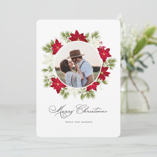 Poinsettia Bloem en Pine Ronde Foto Feestdagenkaart (Staand voorkant)