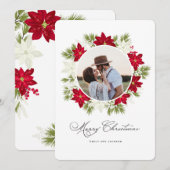 Poinsettia Bloem en Pine Ronde Foto Feestdagenkaart (Voorkant / Achterkant)