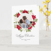 Poinsettia Bloem en Pine Ronde Foto Kaart (Gele Bloem)