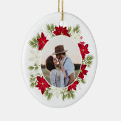 Poinsettia Bloem en Pine Ronde Foto Keramisch Ornament (Rechts)