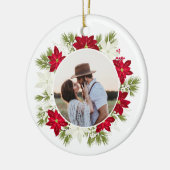 Poinsettia Bloem en Pine Ronde Foto Keramisch Ornament (Links)