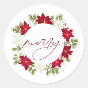 Poinsettia Bloem en Pine Ronde Vrolijk Sticker
