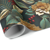 Poinsettia Bloem in Goud 3D in Groen | Kerstmis Cadeaupapier (Rol Hoek)