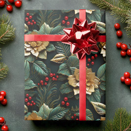 Poinsettia Bloem in Goud 3D in Groen | Kerstmis Cadeaupapier