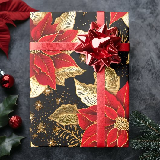 Poinsettia Bloem in Gouden Blad Zwart | Kerstmis Cadeaupapier