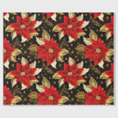 Poinsettia Bloem in Gouden Blad Zwart | Kerstmis Cadeaupapier (Vlak)
